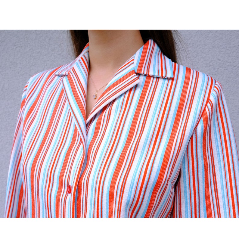 70s Vintage Striped Shirt Notched Collar, Long Sleeve Striped Top, Red White Button Down Shirt, Button Up Blouse Red Striped Women's Shirt image 5
