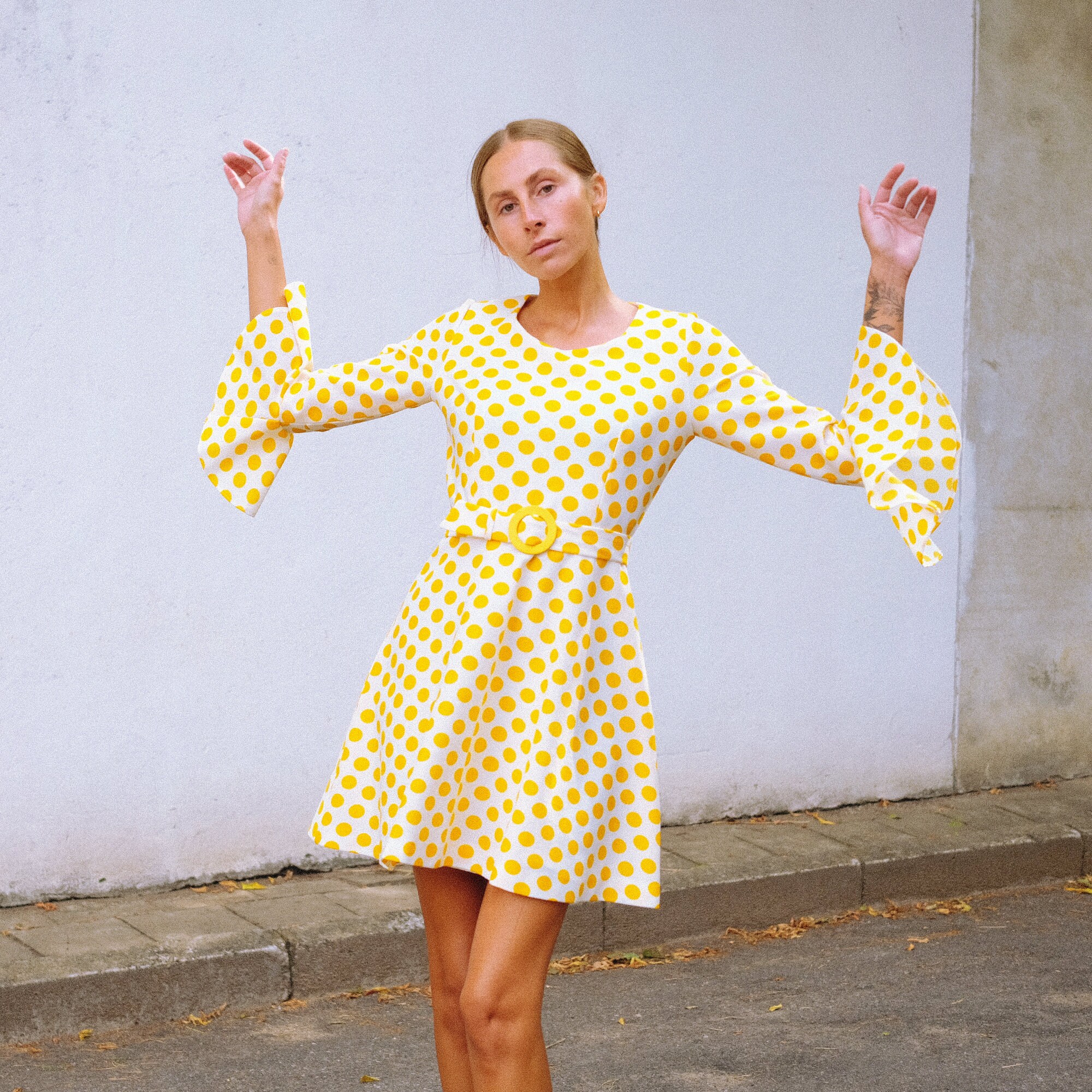 polka dot vintage dress 60s 70s Yellow White Skater Mod Dress Cute Belted Cocktail Dress Bell Sleeve Fitted Retro Mini Dress Size XS Shop 1950s Dresses - Vintage