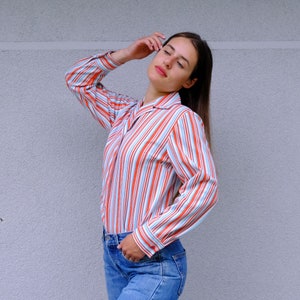 70s Vintage Striped Shirt Notched Collar, Long Sleeve Striped Top, Red White Button Down Shirt, Button Up Blouse Red Striped Women's Shirt image 4