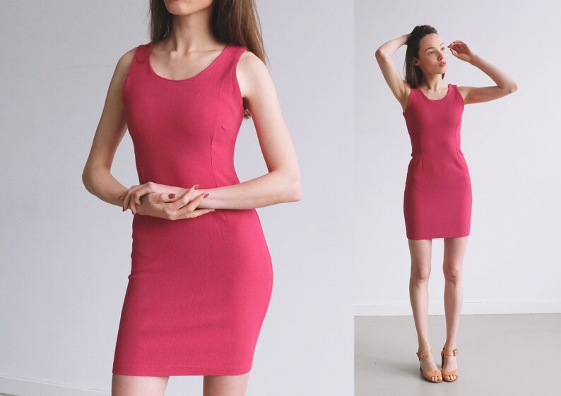 90s Vintage Mini Dress Raspberry Pink Stretchy Dress, Short Tight Fit Dress Party Sleeveless Body con, Bombshell Pencil Dress Elastic, Sz S image 10