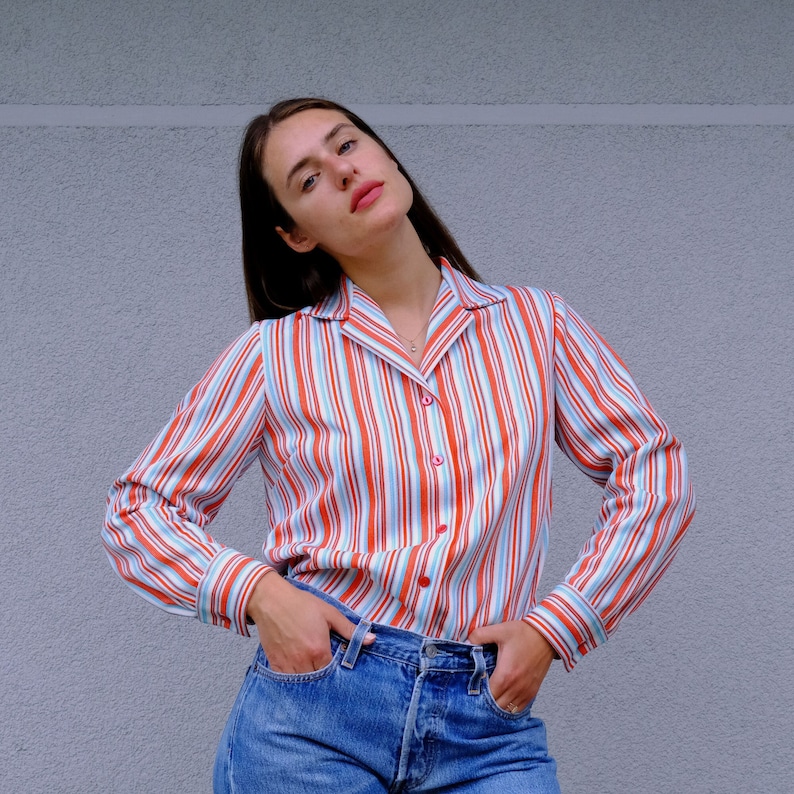 70s Vintage Striped Shirt Notched Collar, Long Sleeve Striped Top, Red White Button Down Shirt, Button Up Blouse Red Striped Women's Shirt image 1