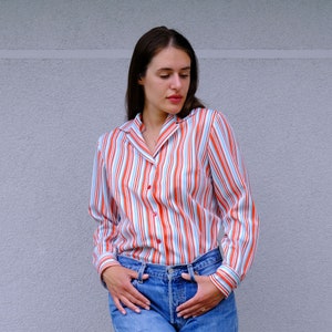 70s Vintage Striped Shirt Notched Collar, Long Sleeve Striped Top, Red White Button Down Shirt, Button Up Blouse Red Striped Women's Shirt image 6