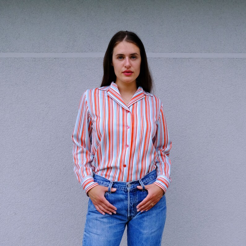 70s Vintage Striped Shirt Notched Collar, Long Sleeve Striped Top, Red White Button Down Shirt, Button Up Blouse Red Striped Women's Shirt image 3