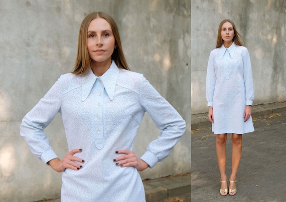Mod Vintage 70s Baby Blue Shirt Dress, Long Sleeve