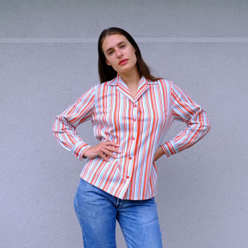 70s Vintage Striped Shirt Notched Collar, Long Sleeve Striped Top, Red White Button Down Shirt, Button Up Blouse Red Striped Women's Shirt image 2