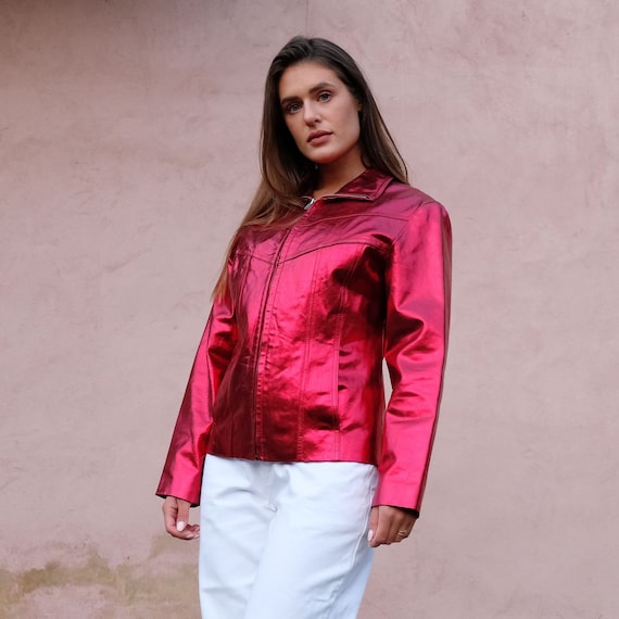 90s 00s Womens Vintage Genuine Leather Jacket Metallic Flaming Red