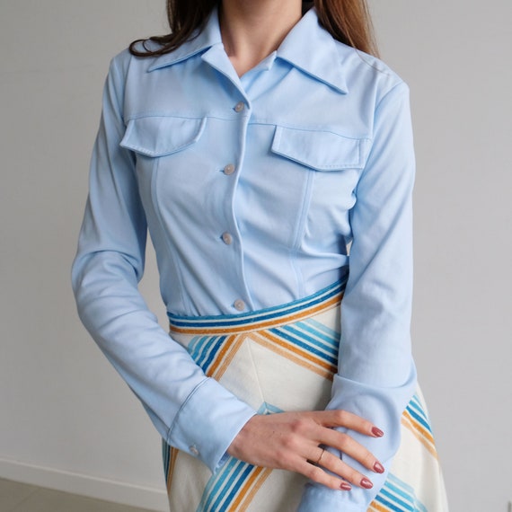 70s Vintage Baby Blue Polyester Shirt, Fitted Big