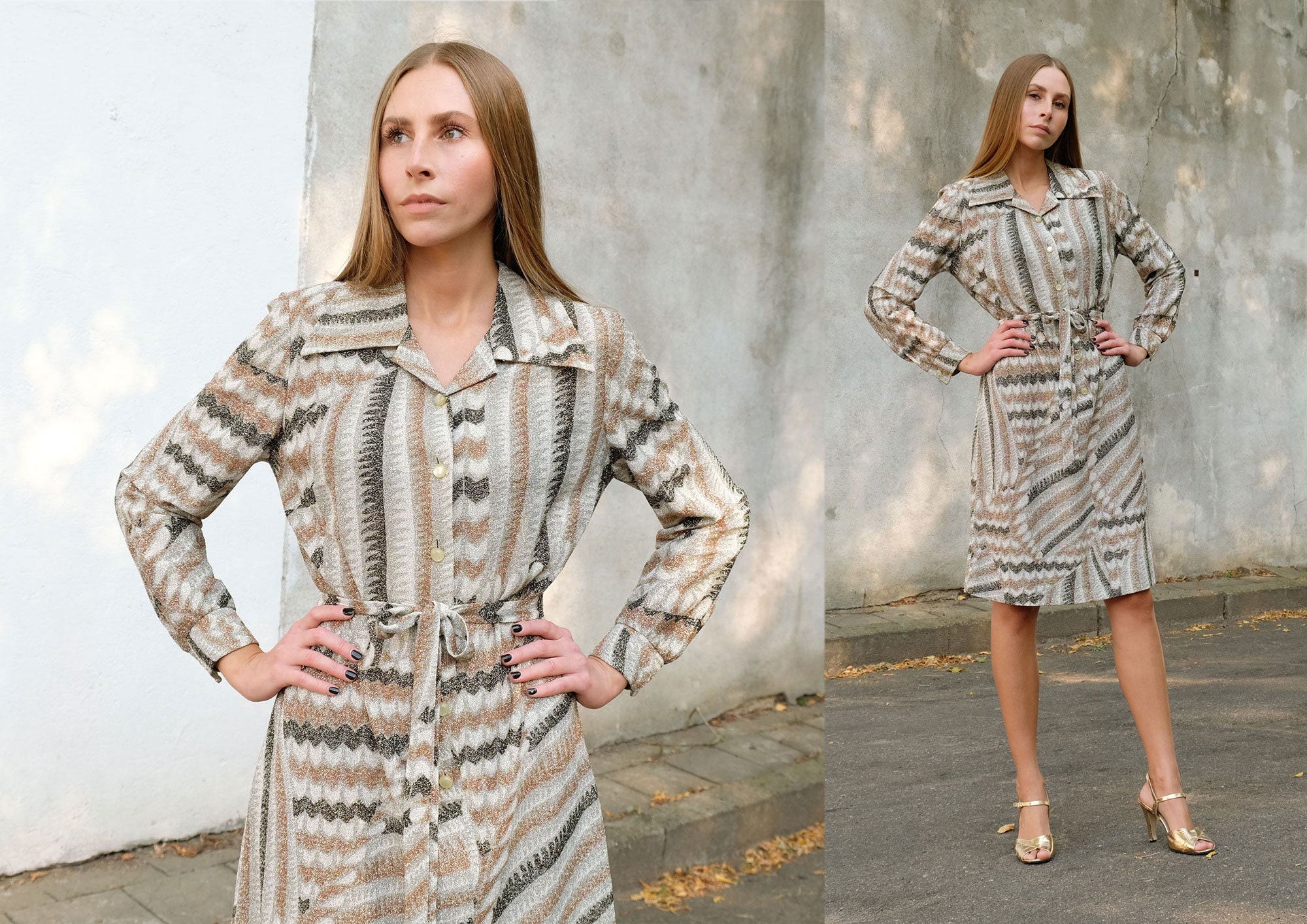 Vintage Glitter 70s Dress Striped Button Down, Long Sleeve