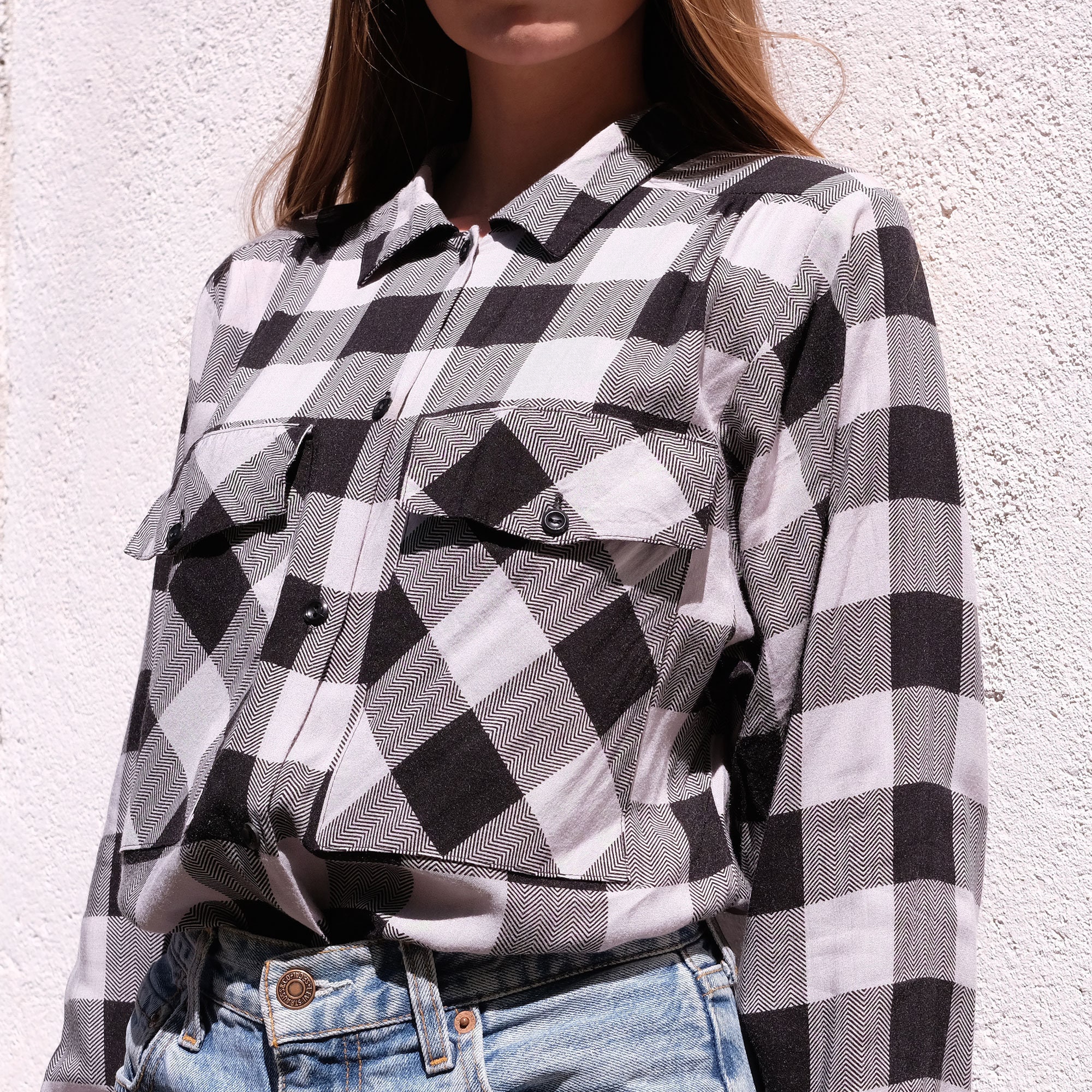 Checkered Shirt Vintage 90s Plaid Top Grey Black Viscose | Etsy