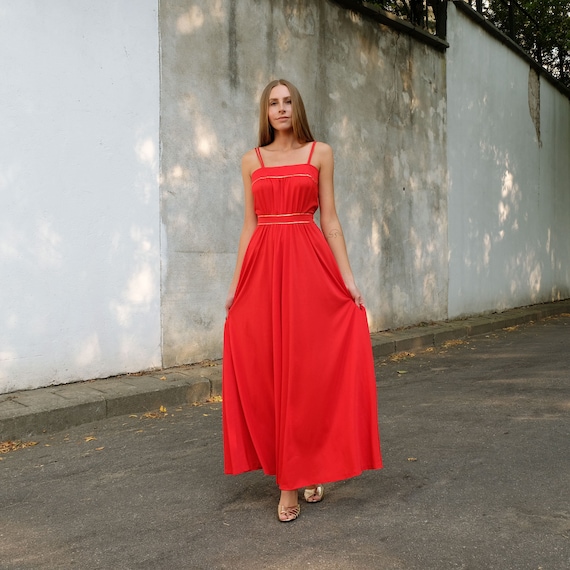 strapless open back dress 1970s Vintage Red Valentines Flutter Sleeve Maxi Long Dress LARGE