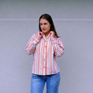 70s Vintage Striped Shirt Notched Collar, Long Sleeve Striped Top, Red White Button Down Shirt, Button Up Blouse Red Striped Women's Shirt image 7