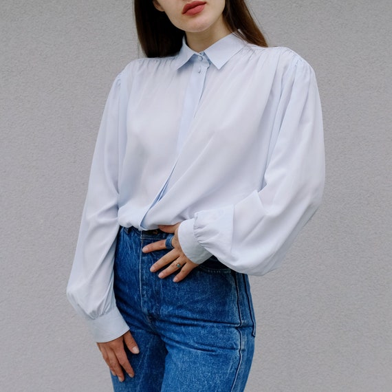 Baby Blue Vintage 90s Blouse Pastel Long Sleeve Sh