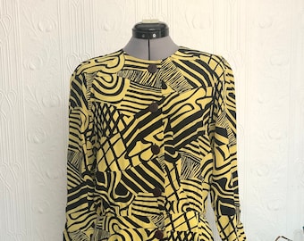 Holt Renfrew vintage 70's or 80's silk dress with yellow abstract print Medium large M L