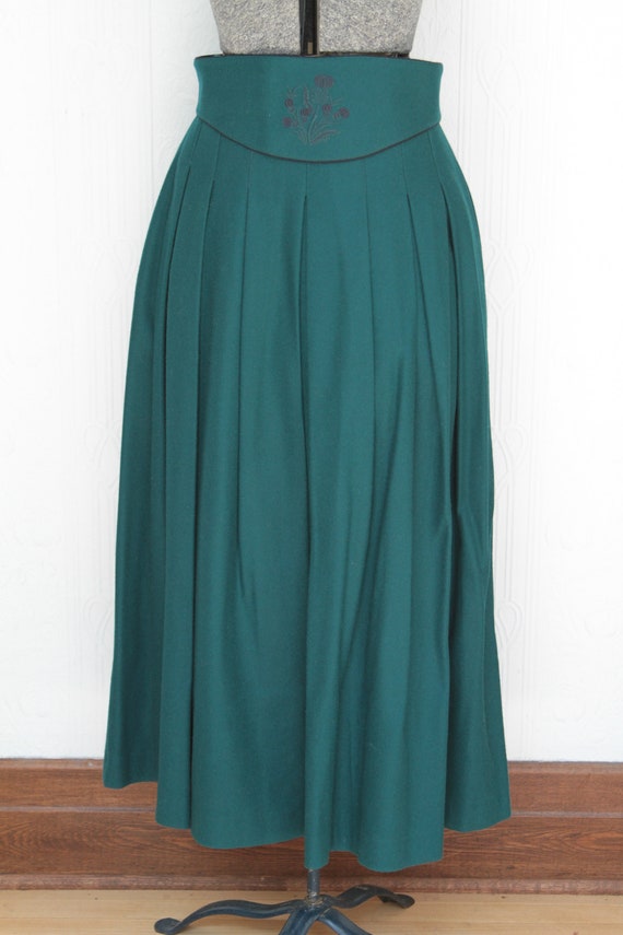 80's green teal midi wool austrian skirt with bel… - image 1