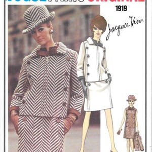 May include: Vogue Paris Original 1919 Jacques Heim sewing pattern featuring three different dress designs. The first design is a white dress with a double-breasted jacket. The second design is a brown and white chevron patterned dress with a matching jacket. The third design is a brown and white chevron patterned dress with a matching jacket.