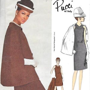 May include: Vintage Vogue Couturier Design sewing pattern featuring a dress and cape by Pucci of Italy. The pattern number is 1735.