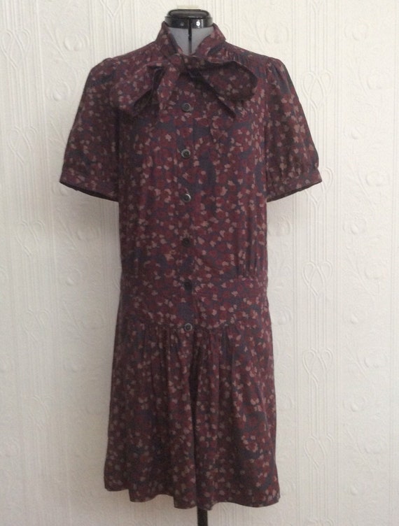 Marc Jacobs, Vintage marc jacobs pussybow drop waist printed cotton burgundy dress