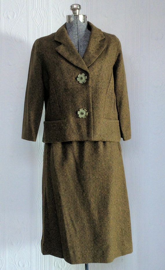 Vogue couturier design 60's green tweed suit smal… - image 1