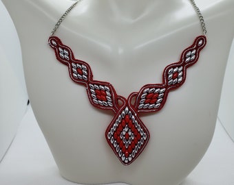 Red and Silver Diamond Shaped  Handmade Soutache Necklace with Silver Chain
