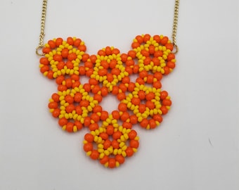 Yellow and Orange Starflower Necklace, Beaded Flower Bib Necklace, Springtime Necklace, Bright Colored Jewelry, Orange, Yellow, Bead Flower