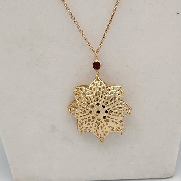 Gold Flower 3D Pendant with Red Accents, Lacy Gold Flower Pendant, Long Chain Necklace, Elegant or Casual Gold Pendant Necklace