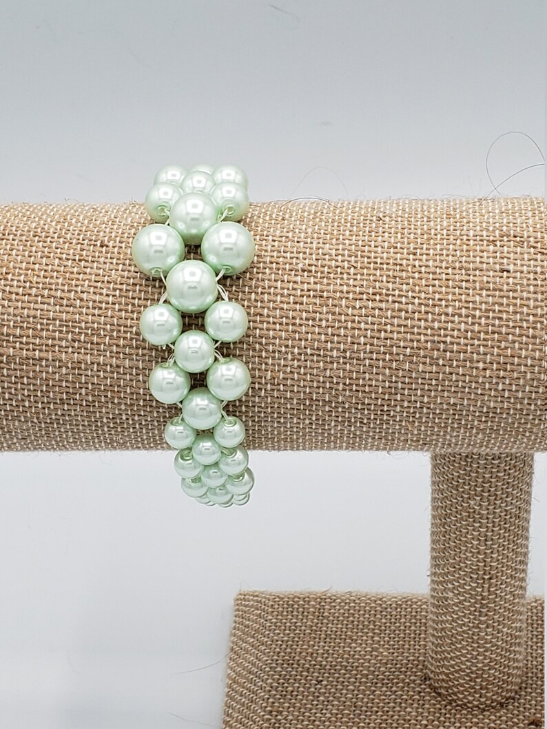 Decreasing Sized Pearl Bracelet Mint Green Pearl Netted Bracelet Hand Woven Green Pearl Bracelet Chunky Bracelet Classy Pearl Bracelet