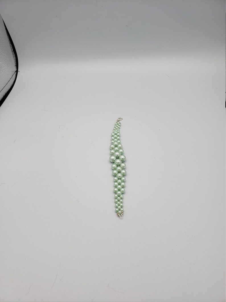 Decreasing Sized Pearl Bracelet Mint Green Pearl Netted Bracelet Hand Woven Green Pearl Bracelet Chunky Bracelet Classy Pearl Bracelet
