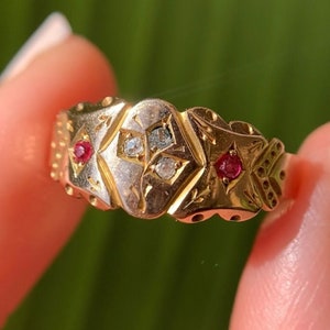 Antique Art Nouveau 9k Solid Yellow Gold Diamond and Ruby Paste Floral Band Ring with Full Assay Hallmarks for Chester Year 1895 - Size 8.25
