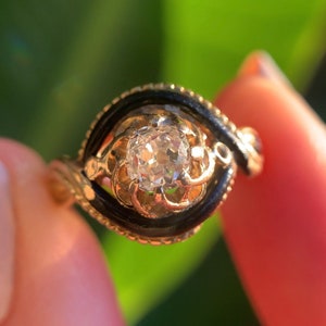 Antique c. 19th Century 14k Solid Yellow Gold Old Mine Diamond Solitaire Engagement Ring w/ Black Enamel Bypass Halo & Milgrain - Size 5.75