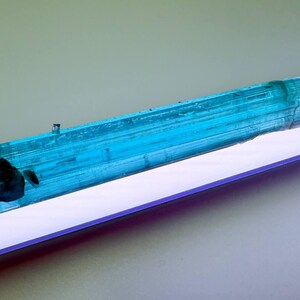 May include: A vibrant, elongated blue-green tourmaline crystal. The gemstone has a rough, textured surface and a dark, irregular formation at one end. The crystal is displayed on a white surface with a purple border.