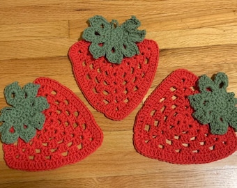 Strawberry Dishcloth, Coaster, Dishcloth, Crochet, Strawberry