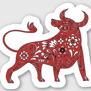 Rok Wołu, Chiński Nowy Rok, Kwiatowy, Wół, 2021, Nowy Rok, Szczęśliwego Nowego Roku, Zodiak, Naklejka, Naklejki, Czerwony
