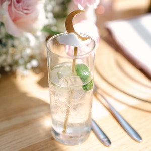 May include: A highball glass containing a clear beverage, ice cubes, and a lime slice. A cocktail stick with a gold moon and white cloud design is placed in the drink. The glass is on a wooden table.