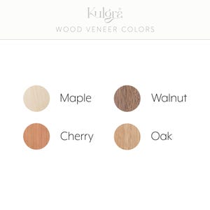 May include: Image showcasing wood veneer color options: Maple, Walnut, Cherry, and Oak. Each color is represented by a circular sample, displayed against a white background. The text "Wood Veneer Colors" is at the top.