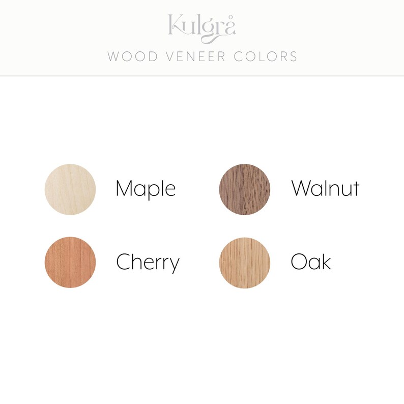 May include: Image showcasing wood veneer color options: Maple, Walnut, Cherry, and Oak. Each color is represented by a circular sample, displayed against a white background. The text "Wood Veneer Colors" is at the top.