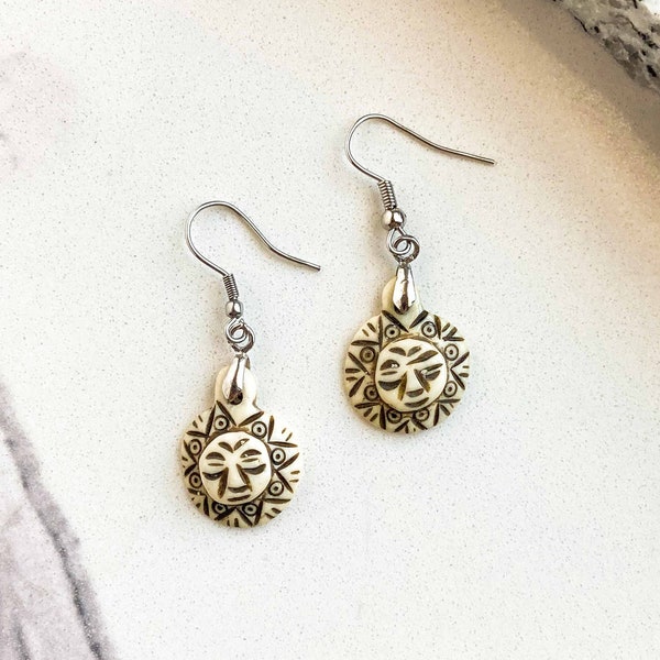 Hand Carved Ox Bone Sun Earring | Ox Bone Earring | Sun Earrings Dangle | Antique Earrings | Dainty Jewelry | hand Crafted Jewelry