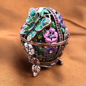Vintage Russian Faberge Inspired Flower Egg Cage |  Earthly Treasures | Egg Trinket Box | Vintage Jewelry Box | Butterfly Jewelry Box Gifts