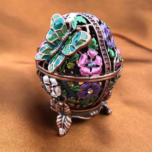 Vintage Russian Faberge Inspired Flower Egg Cage |  Earthly Treasures | Egg Trinket Box | Vintage Jewelry Box | Butterfly Jewelry Box Gifts