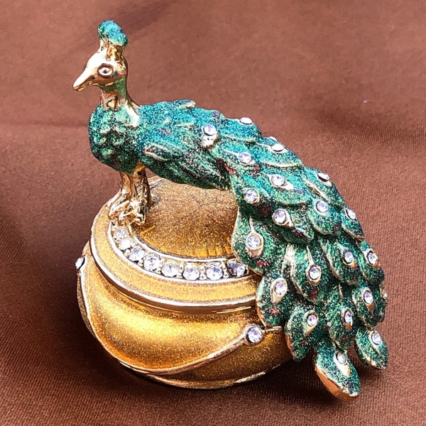 LAST ONE Golden Lucky Crystal Peacock Pot | Peacock Decor |Peacock Jewelry Box |Peacock Jewelry Box |Gold Peacock Figurine | Vintage Peacock
