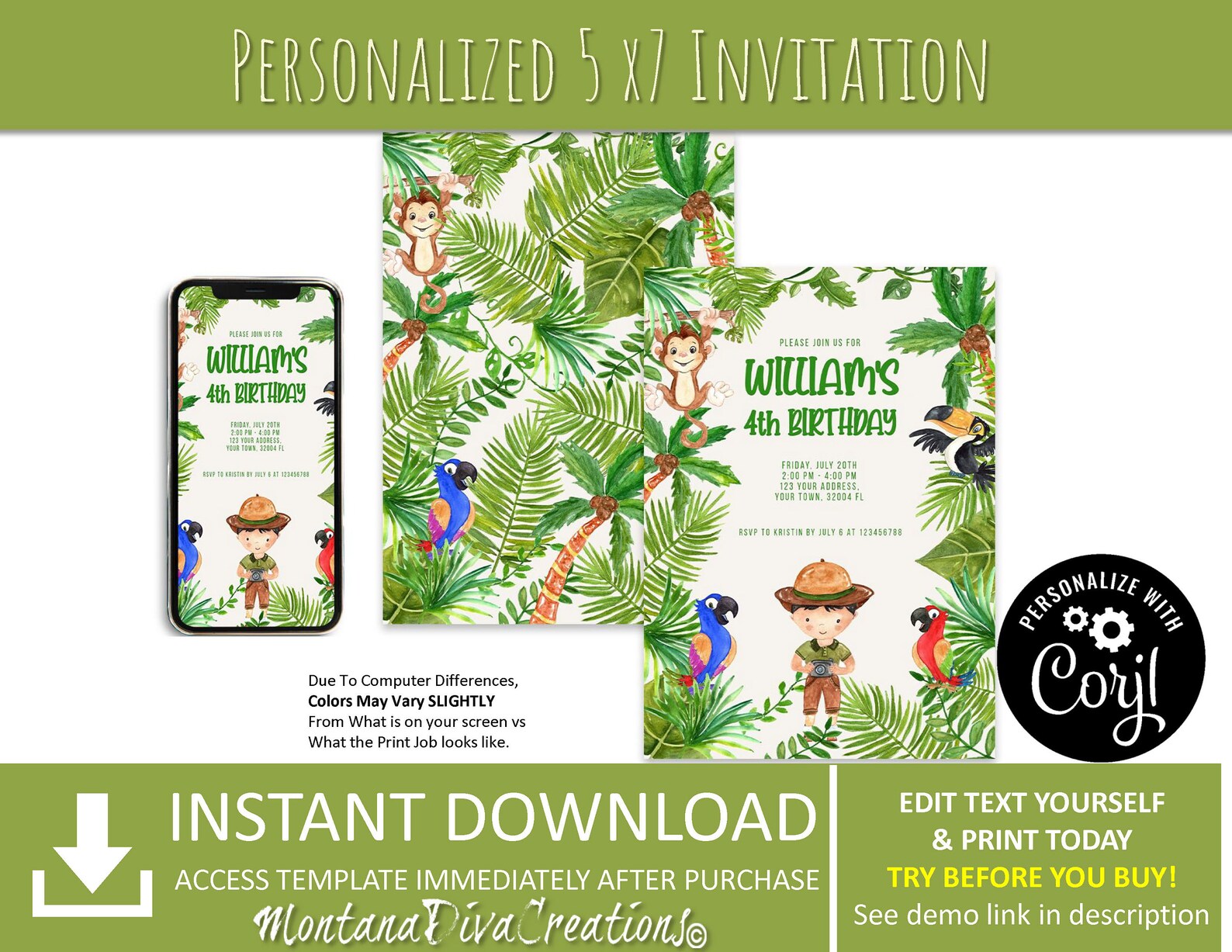 Jungle Themed Kid's Birthday Personalized Invitation | Etsy