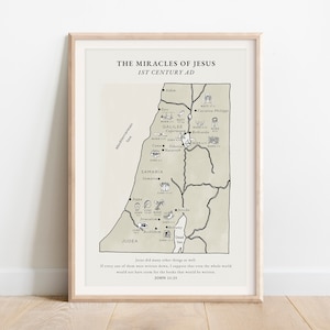 Carte des miracles de Jésus, carte d'Israël, carte de la Terre sainte, art chrétien moderne minimaliste, carte de la bible, téléchargement numérique, cartes de l'école à la maison