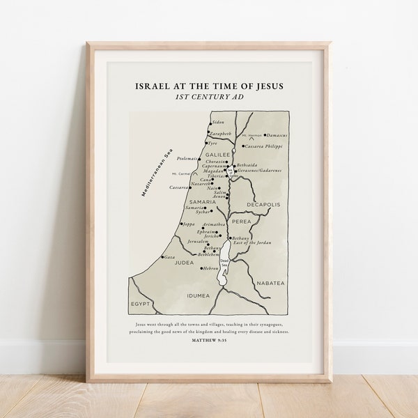 Map of Jesus' Israel, Holy Land map, modern minimalist Christian wall art, map of the bible, homeschool maps, Israel in the time of Jesus