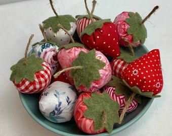 12pc fabric strawberries, handmade decorative strawberries, bowl fillers, farmhouse kitchen decor, tiered tray decor, Primitive Farmhouse