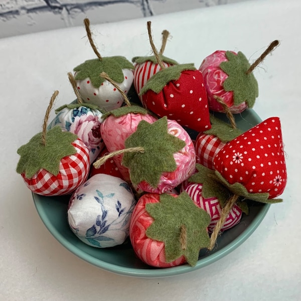 12pc fabric strawberries, handmade decorative strawberries, bowl fillers, farmhouse kitchen decor, tiered tray decor, Primitive Farmhouse