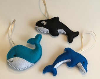 Felt sea animal ornaments, felt dolphin ornament, felt orca whale ornament, whale ornament, felt ornaments
