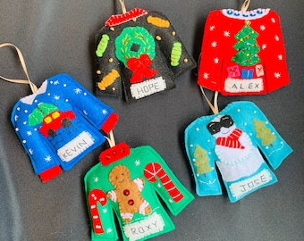 Personalized Christmas ornaments, ugly christmas sweater ornament, felt Christmas ornaments, personalized Christmas gifts, ugly sweaters
