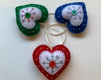 3pc set christmas ornaments, heart ornaments, christmas decorations, felt ornaments, christmas tree ornaments, keepsakes, snowflake ornament