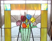 Stained Glass Bouquet of Tulips in a Green Vintage Crackle Glass Vase Window Hanging Panel Stand Included