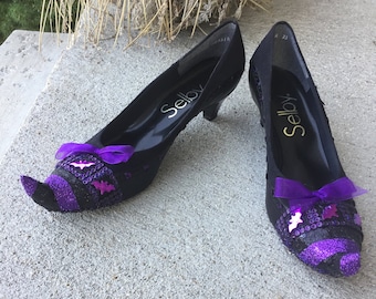 Size 11- 11.5 extra Narrow Sparkle Purple pump witch shoes “Midnight”  with chiffon bows and metallic bat detailing