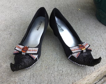 Girls size 1 witch shoes “Little Pumpkin” black orange and silver rhinestones